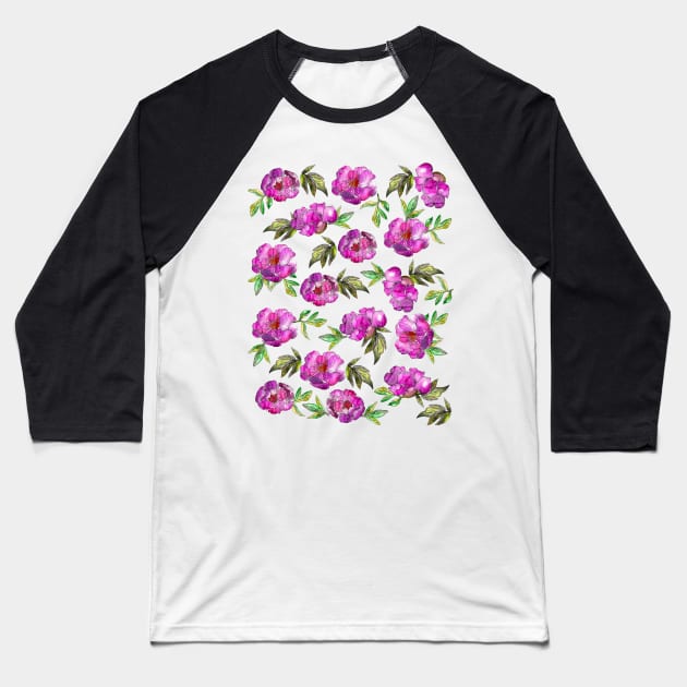 Peonies Flowers Watercolor Ink Cute Purple Baseball T-Shirt by ArtInPi